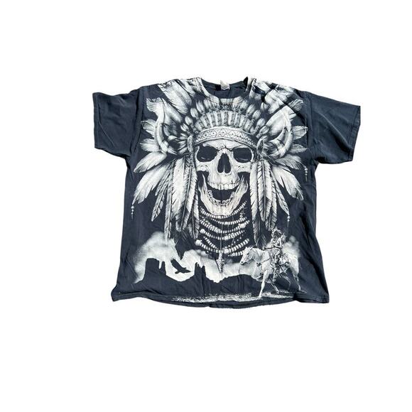 Vintage RARE 90s‎ Native American Skull T-Shirt - Punk All Over Front Print - XL - Picture 1 of 7